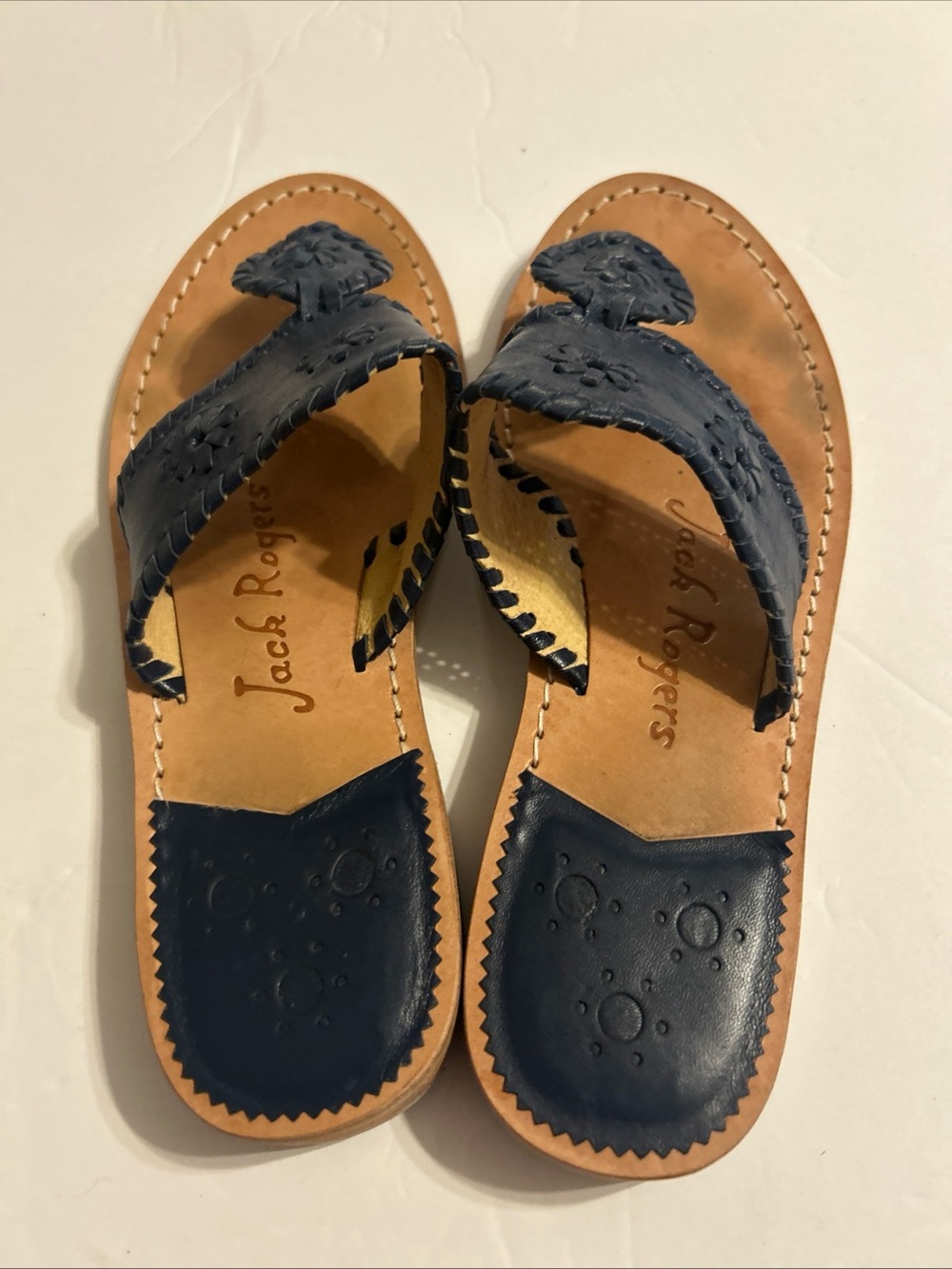 Jack Rogers Navy Leather Whipstitched Toe-Post Sandals - Picture 3 of 5